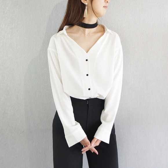 V-shape Choker Blouse Long Sleeve - Picture 1 of 6